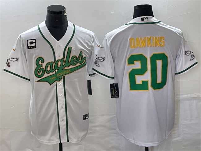 Mens Philadelphia Eagles #20 Brian Dawkins White Gold With C Patch Cool Base Stitched Baseball Jersey